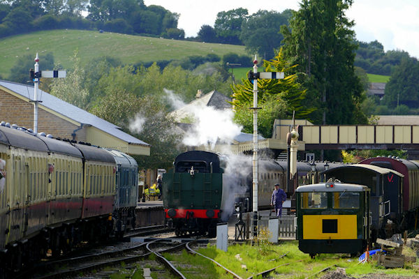 Winchcombe Class 24 diesel 5081 arriving with 'Cotswolds Express' past 35006 'Peninsular & Oriental Line' on 15.20 ex-Cheltenham Racecourse - Tim Edmonds