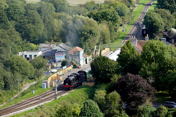 Corfe Castle 31806 ready to  depart from station seen from the castle - Tim Edmonds