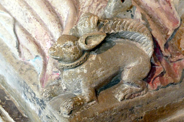 Cothelstone church squirrel  carving on tomb of Sir Matthew de Stawell d1379. - Tim Edmonds
