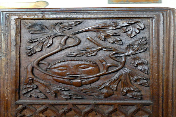 Cothelstone church green man  carving on pew end. - Tim Edmonds
