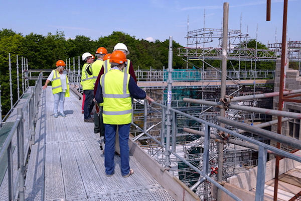 Castle Drogo WSNTA group on scaffolding viewing work  in progress - Tim Edmonds